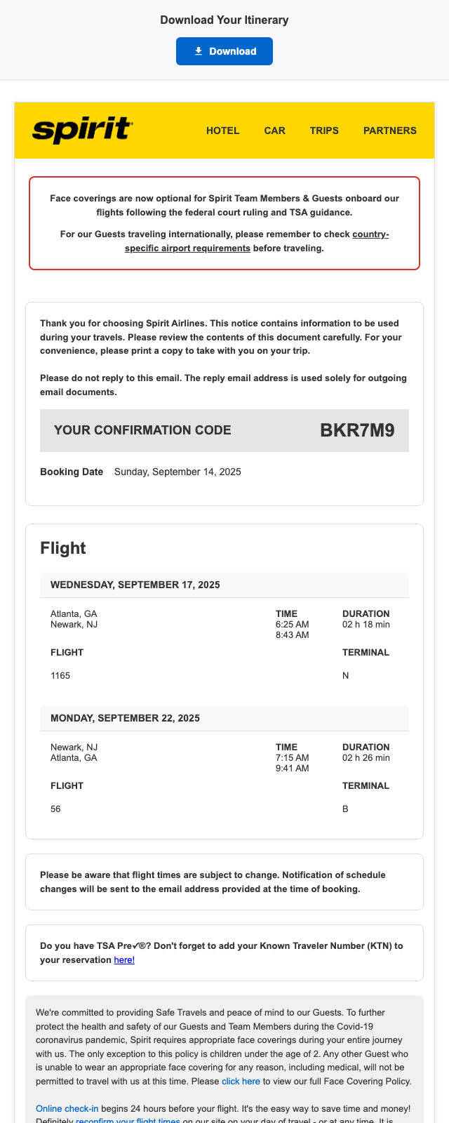 Spirit Airlines — Itinerary